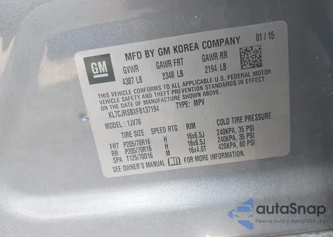 2015 Chevrolet Trax Lt из США, поврежденный, VIN KL7CJRSBXFB137194